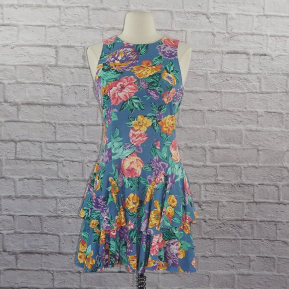 Vintage 90s Floral Mini Ruffle Dress - Picture 1 of 9